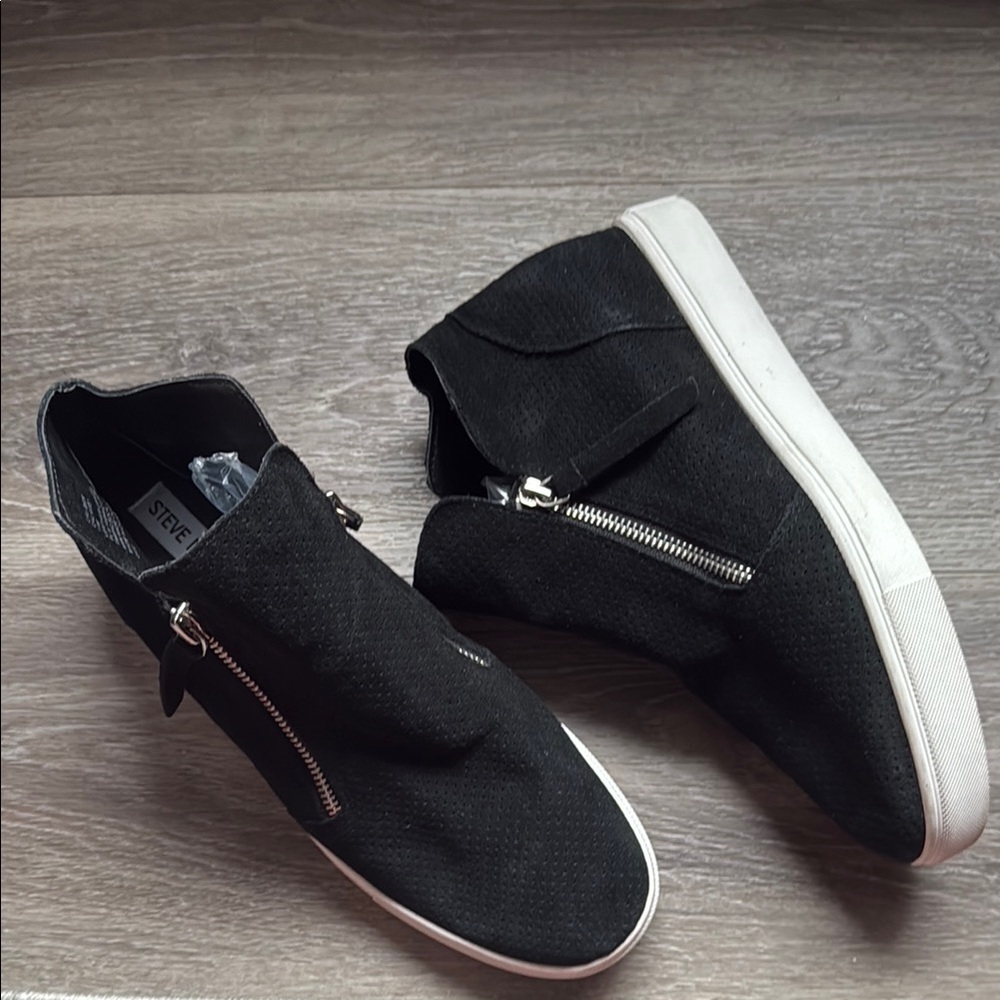 Steve Madden Black High-Top Leather Sneakers Suede Zip Casual Shoes 11M - Picture 3 of 6